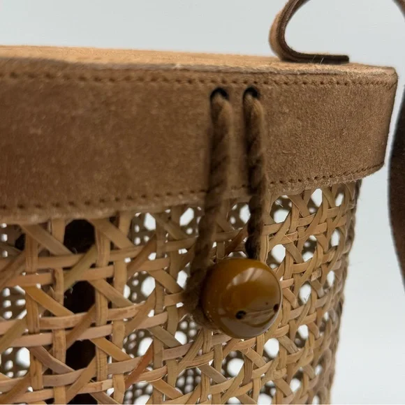 Cane Rattan And Suede Crossbody Bucket Bag - Picture 7 of 12
